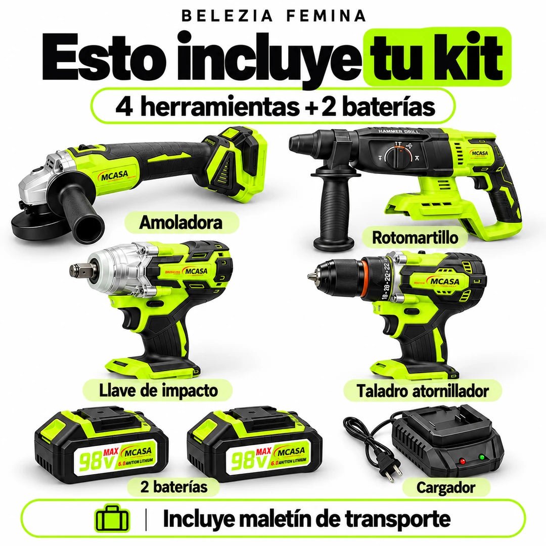Contenido del kit MCASA: cuatro herramientas, dos baterías, cargador y maletín