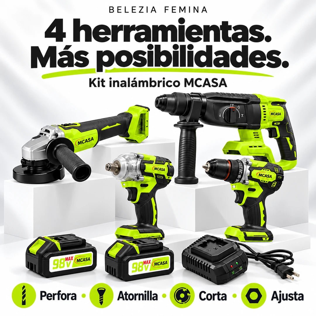 Kit MCASA de cuatro herramientas inalámbricas, dos baterías y cargador
