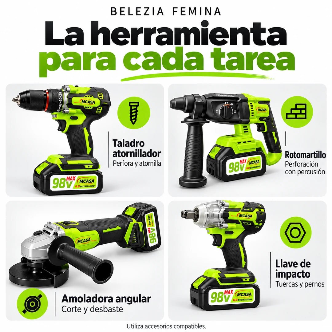 Funciones del taladro, rotomartillo, amoladora y llave de impacto MCASA